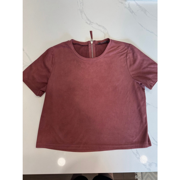 Zara Faux Suede Top Shirt Short Sleeve Boxy Crop Top 3/4 Zip‎ Back Pink Size L - Picture 1 of 5